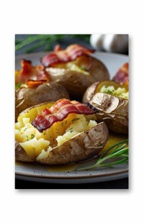 Roasted smashed potatoes topped with crispy bacon