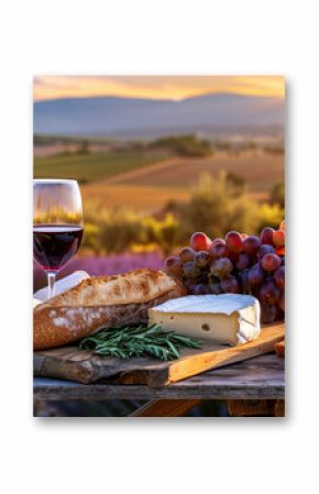 French cheese plate, fresh baguette and a glass of red wine on a wooden table, with lavender fields of Provence in the background.