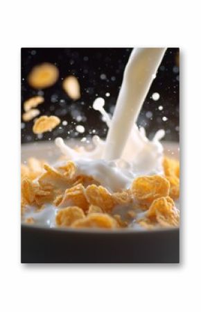 Pouring milk over golden cornflakes in a white bowl creates an inviting breakfast moment in a cozy kitchen