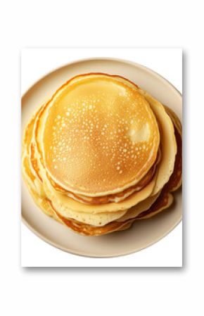 Fluffy stack of golden pancakes served on a beige ceramic plate, isolated on white transparent background