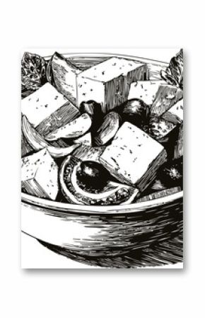 Hand-drawn greek salad with vegetables and feta cheese in a bowl in sketch style. Vector illustration