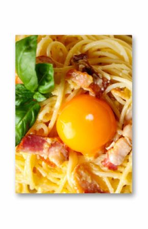 Tasty pasta carbonara on plate as background, closeup