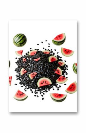 Watermelon Seeds and Slices Composition Isolated on transparent Background, Featuring Raw transparent Seeds, Sliced Pink Watermelon Pieces, and Green Leaves for Visual Contrast