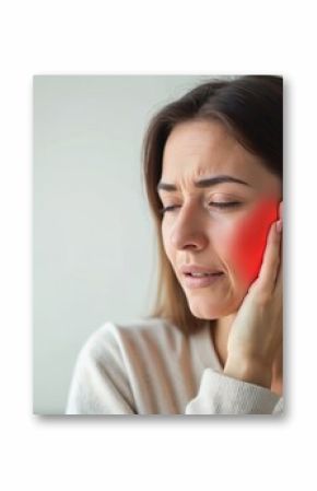 Woman experiencing cheek pain at home. Buccal region is inflamed due to trigeminal neuralgia and teeth clenching. Health medical concept, face pain, ache.