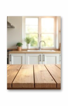 Wooden table foreground blurred kitchen. Rustic wood surface for product display presentation. Empty tabletop with cozy bright interior, window, shelf. Product placement, food photo, modern home
