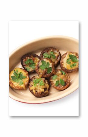 Delicious stuffed mushrooms with melted cheese and parsley in baking dish isolated on white, top view
