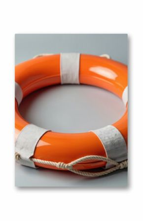 Orange life preserver on plain background. Safety equipment with white stripes and rope for rescue and protection during water activities. Concept of safety, survival on sea, ocean, summer vacation.