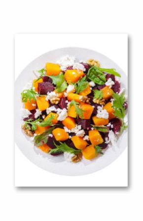 plate of salad with baked pumpkin, beetroot, greens and cream cheese isolated on transparent background, top view