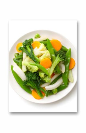 Steamed Mixed Vegetables on Plate, Isolated on White
