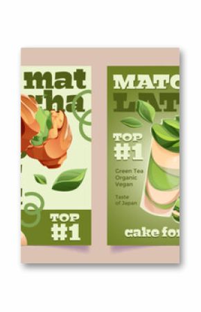 Matcha promotional poster designs - Japanese green tea cafe marketing materials with latte drinks, traditional whisk preparation and desserts. Organic vegan beverage advertisements for restaurant.