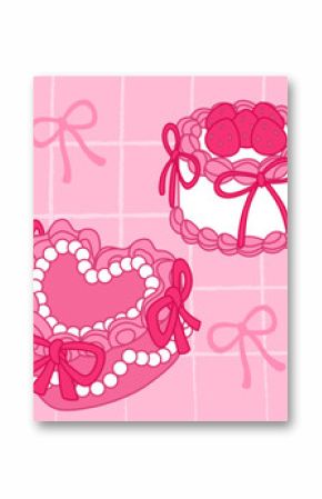 Vintage pink cakes with ribbons and bows, strawberries and roses on checkered background - coquette retro birthday desserts decorated with cream swirls, flowers and candle. Sweet bakery illustration.