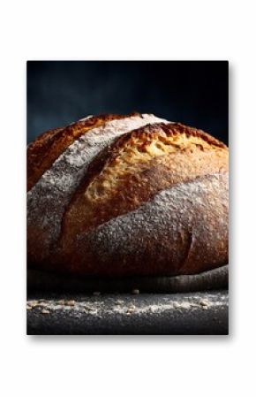 A rustic, artisanal loaf of sourdough bread, just out of the oven, with flour dusting its crust, on a dark, moody background, food photography, chiaroscuro lighting