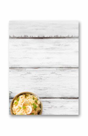 Summer BBQ food corner border over a white wood banner background. Assorted grilled meats, salads and sides. Above view.