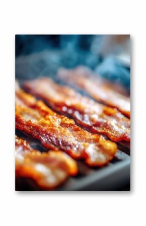 Delicious crispy bacon strips cooking on a grill with smoke and sizzling aroma