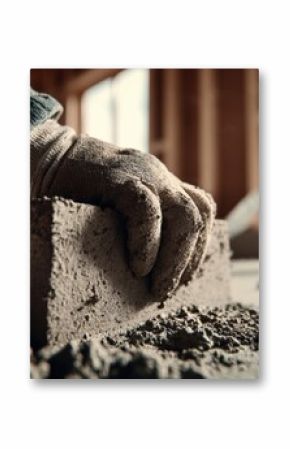 Skilled worker's hand in glove leveling concrete with trowel indoors construction site