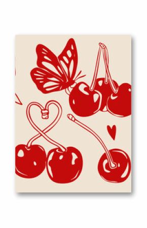 Red Cherry set. Cherries on stem, with bow ribbon, butterfly. Double, triple cherries. Symbol of luck. Hand drawn trendy Vector illustration. Isolated design elements. Icon, print, sticker templates