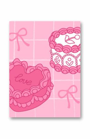 Vintage pink cakes with ribbons, bows and cherries on checkered background - coquette retro birthday desserts decorated with cream swirls and berries. Sweet bakery illustration.
