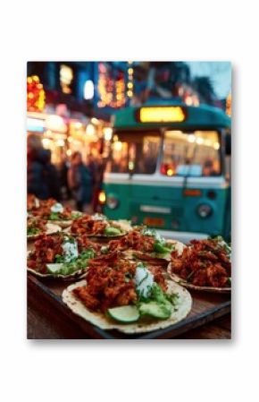Delicious tacos on a wooden counter in front of a food truck, showcasing vibrant colors and toppings, creating an inviting culinary experience at a bustling outdoor event.