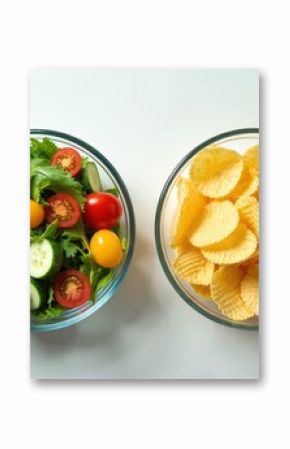 Healthy food choice concept. Fresh salad with tomatoes cucumbers in transparent glass bowl versus unhealthy chips. Top view food composition. Diet and nutrition choices. Healthy eating lifestyle.