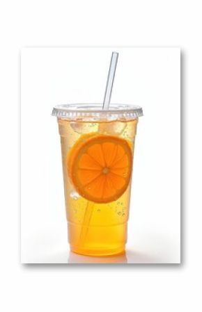 Transparent plastic cup filled with orange soda, orange slice, bubbles, ice cubes. Clear straw through flat lid. Condensation droplets adorn cup. White background. Refreshing drink. Summer