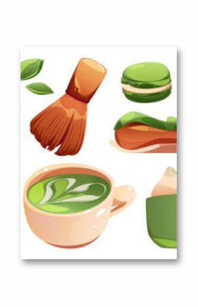 Cartoon matcha set - vibrant green tea products including latte cup, powder bowl with whisk, macarons, cookies and traditional accessories. Japanese beverage ingredients for cafe menu or Asian dessert