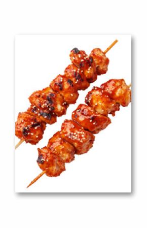 Grilled Korean Dakkochi chicken skewers coated in glossy sesame glaze,isolated on white transparent background, concept of Asian cuisine