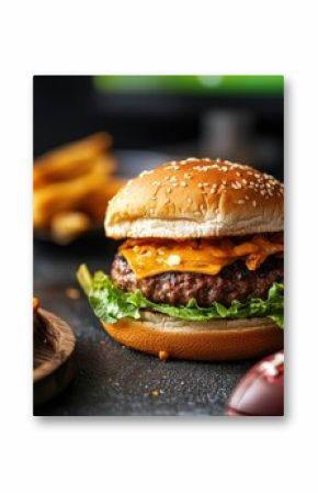 Delicious cheeseburger with fries and beer set against a sports-themed backdrop for game day enjoyment