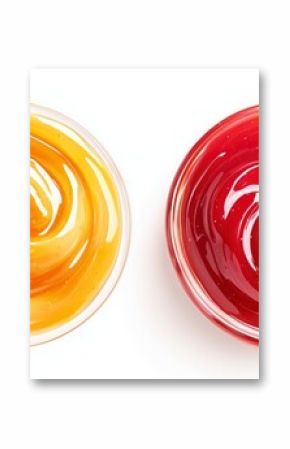 Two glass bowls of red and yellow fruit jam swirls, top view, isolated on white background