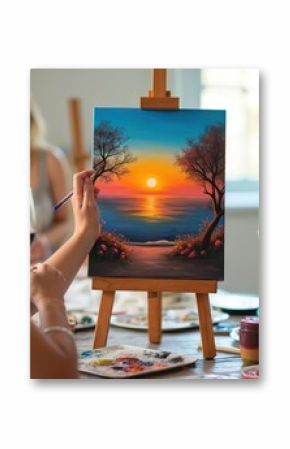 Friends enjoy painting workshop, sipping wine. Group of women socialize during creative activity. Artist painting sunset landscape on canvas. Lifestyle, leisure, relaxing time, fun together.