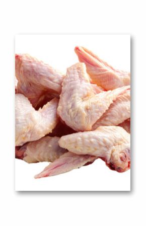 Raw chicken wings on a white isolate background, ideal for culinary designs and food-related projects.