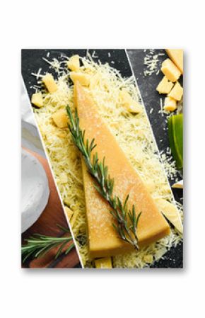 Collage. Different types of cheeses on black board. Assortment of cheeses: Parmesan, Brie cheese, Camembert, blue cheese.