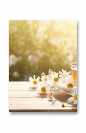 Cup of chamomile tea resting on wooden table in blooming garden during sunset