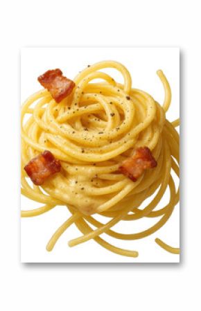 Delicious spaghetti carbonara pasta isolated on transparent background, top view
