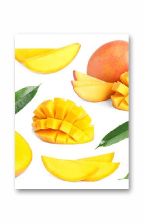 Sweet mango fruits and green leaves isolated on white, set