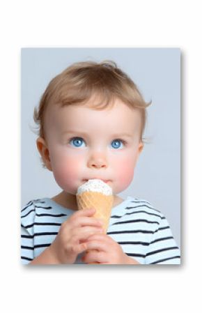 Toddler eating ice cream cone. Blonde toddler girl eating vanilla ice cream in a cone. Pastel background, perfect for summer ads and food-related content