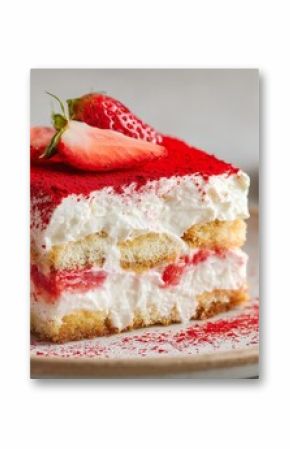 homemade strawberry tiramisu slice with fresh berries on ceramic plate in soft light