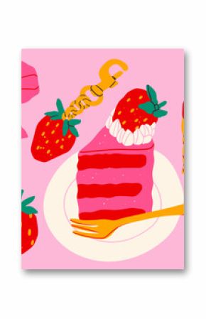 Strawberry set. Berry with bow ribbon, strawberry keychain, hair clip, basket with berries, cheesecake on plate. Hand drawn Vector illustration. Isolated design elements. Summer fresh sweets concept