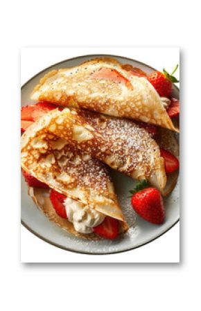 Delicious crepes filled with fresh strawberries and whipped cream, dusted with powdered sugar, create delightful breakfast treat