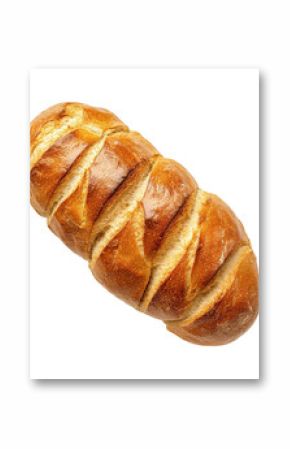 Freshly baked bread viewed from above, showcasing golden crust and soft interior on white background, Bread top view isolated on white background