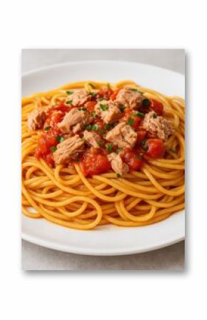 A bowl of pasta topped with tuna chunks
