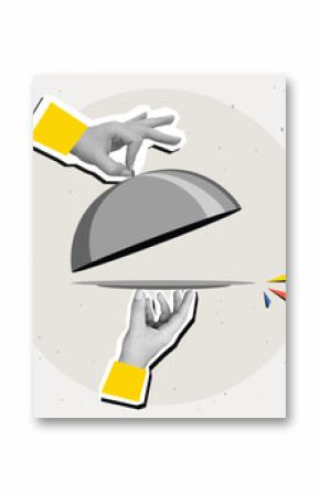 Black and white hands remove the lid from an empty plate - restaurant serving of dish with cloche. Modern collage style. Vector illustration