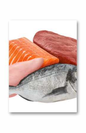 Beef, fish and chicken meat isolated on white background