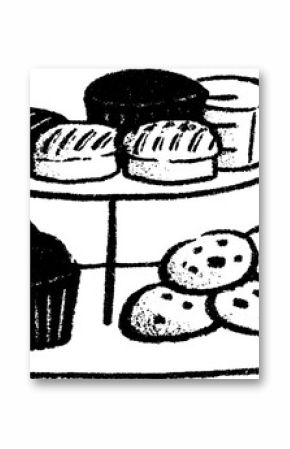 Charming dessert table sketch featuring cupcakes and cookies with textured brushstrokes