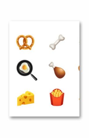 Food Icon Set. Symbols and emojis with fast food, pizza, burger, bacon, chocolate and ice cream. Design elements for social networks. Cartoon 3D vector illustration collection isolated on background