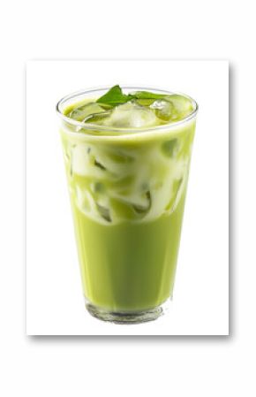 Iced matcha green tea latte with ice cubes in tall glass, isolated on white transparent background, concept of summer beverage