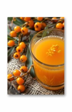 Fresh sea buckthorn juice with berries and leaves creates a healthy and vibrant scene on a rustic wooden table
