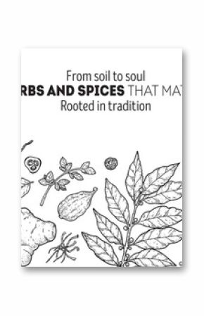 Classic black and white vector of spice elements drawn in an engraving style. Ideal for elegant culinary branding, organic product labels, and high-end restaurant identity.