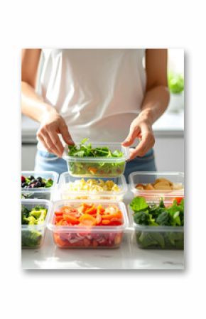 A focused adult woman is meticulously organizing fresh, vibrant ingredients into meal prep containers in a bright kitchen
