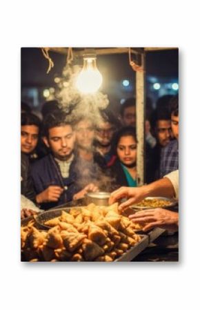 Indian street food vendor serving samosas to crowd at night market