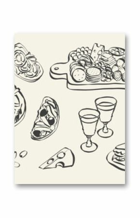 Whimsical chalk food and charcuterie doodles. Quirky icons of breakfast and dinner meals in crayon style. Trendy art for menus and invitations. La dolce vita italian vector illustration